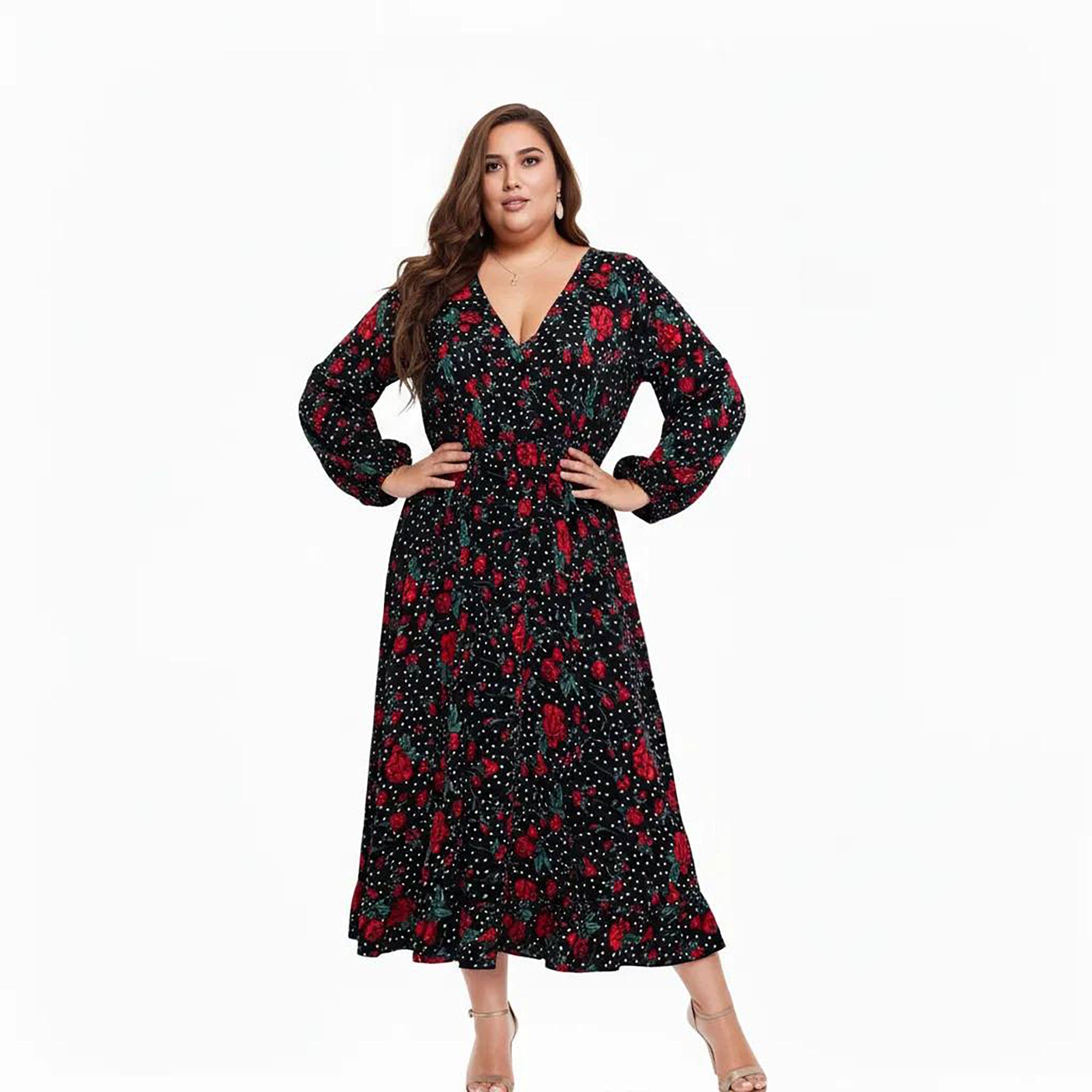 Anna-Kaci Women's Paisley Print Long Sleeve Midi Dress with Round Neckline and Adjustable Waist Tie