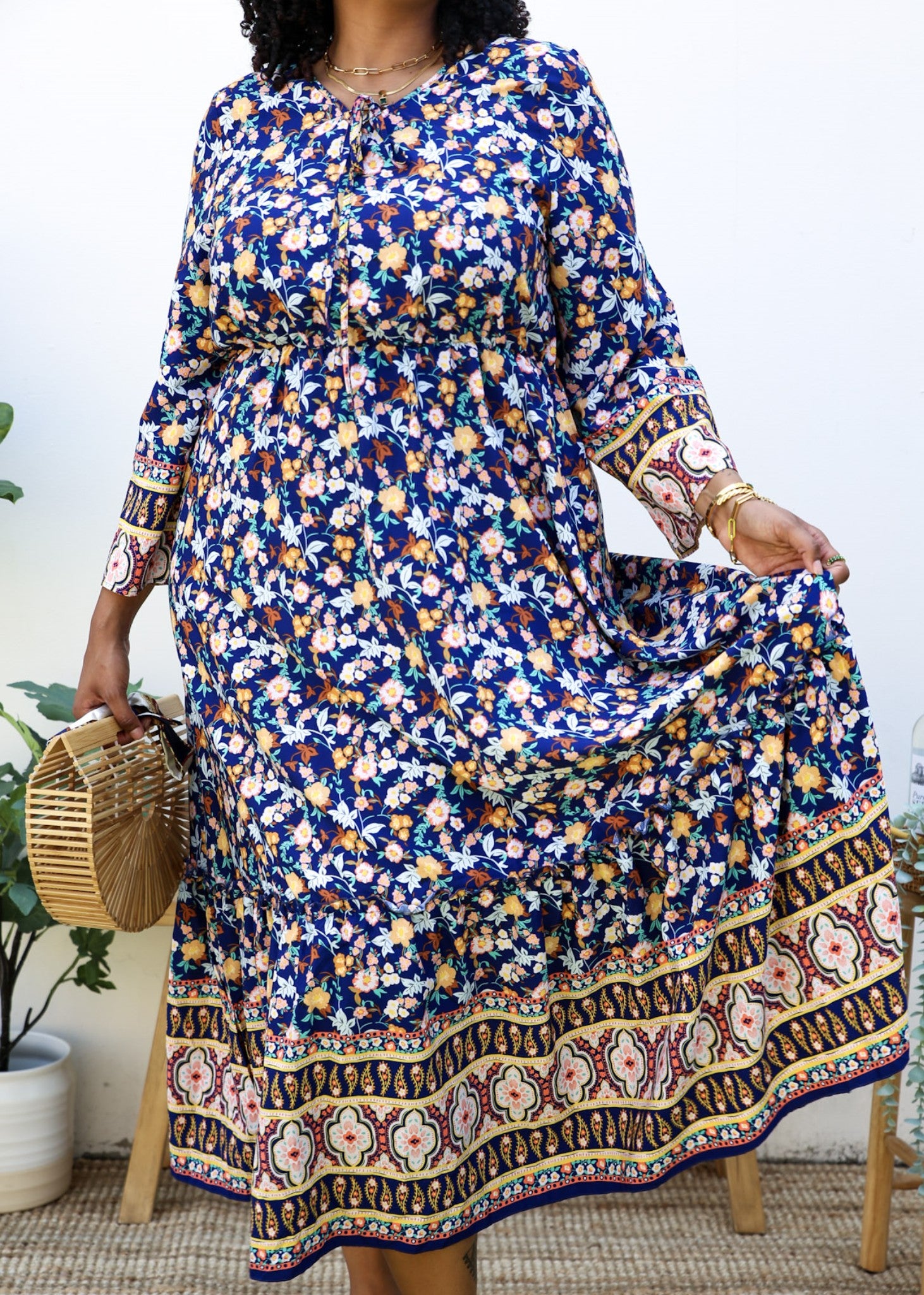 Plus Size Boho Floral Empire Waist Paisley Print Maxi Dress