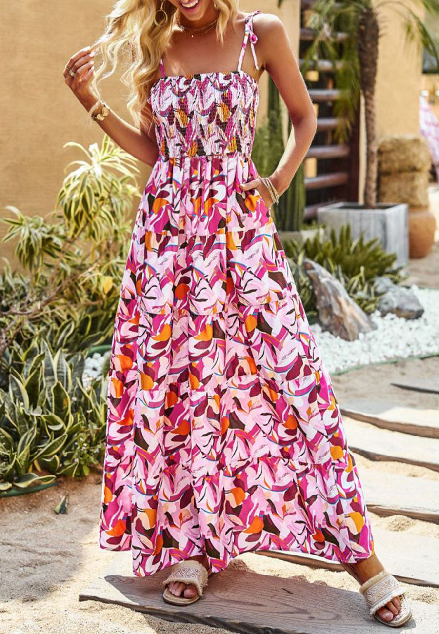 Shirred Floral Print Maxi Dress
