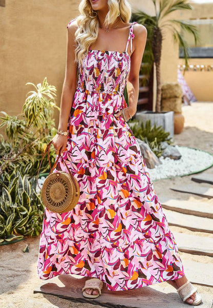 Shirred Floral Print Maxi Dress