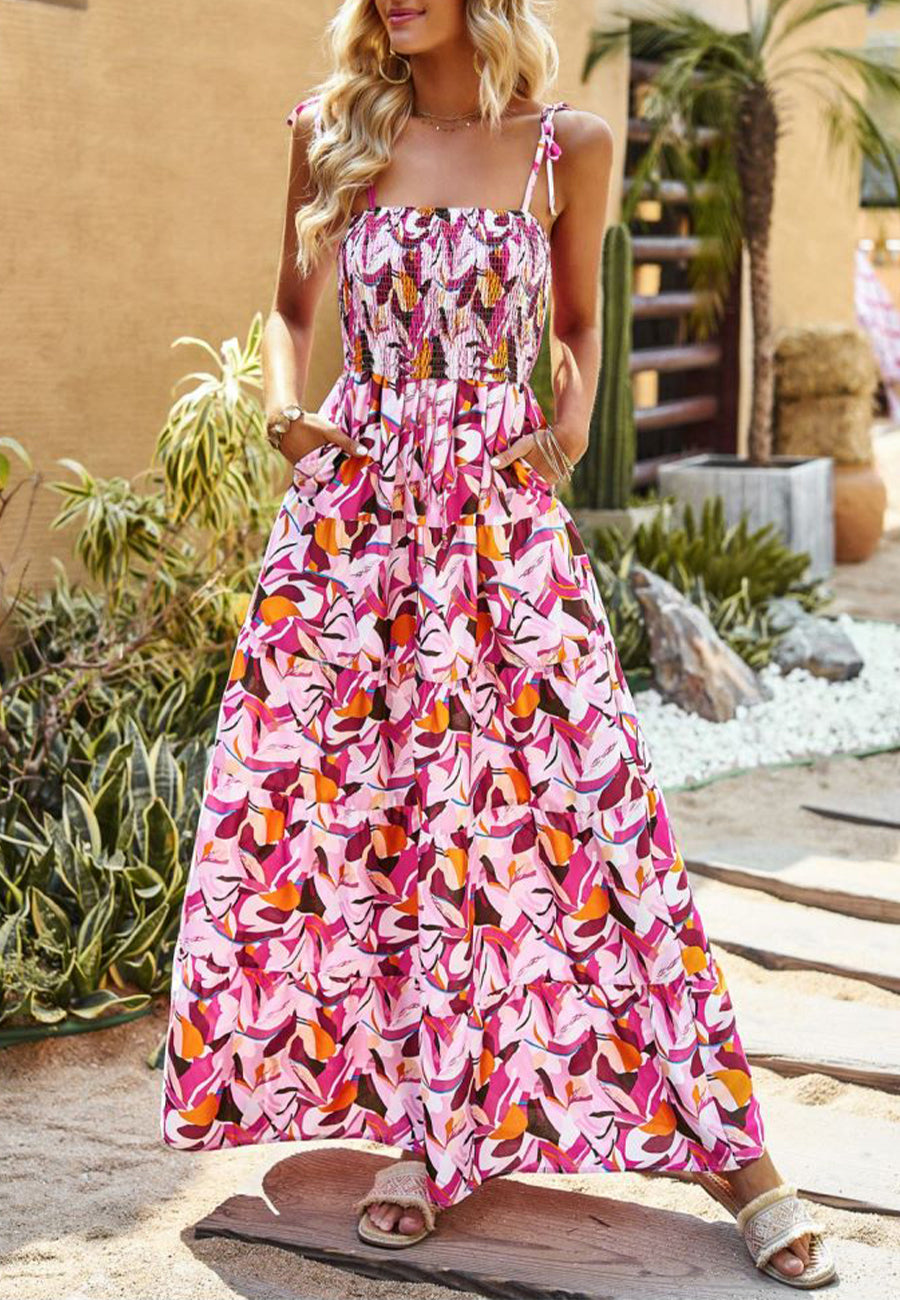 Shirred Floral Print Maxi Dress