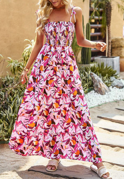 Shirred Floral Print Maxi Dress