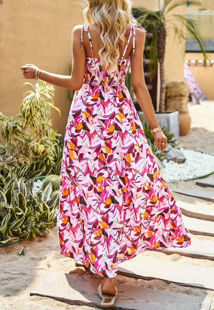 Shirred Floral Print Maxi Dress