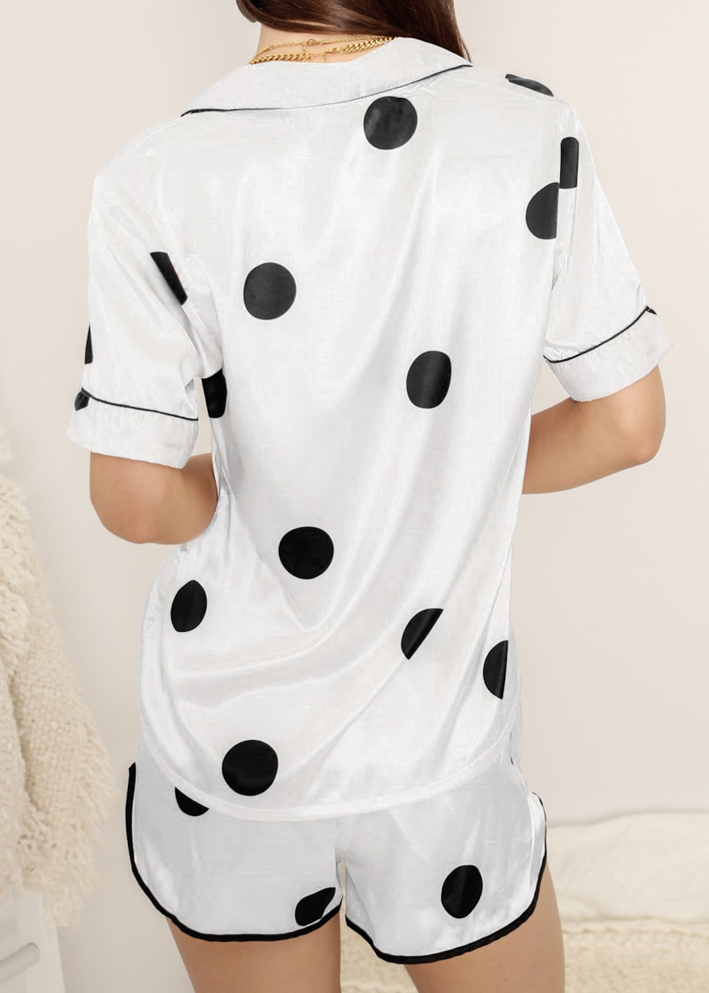 Anna-Kaci Lounge Women's Polka Dot Satin Pajama Set with Short Sleeve Button Top and Drawstring Shorts