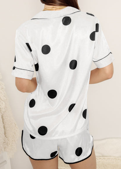 Anna-Kaci Lounge Women's Polka Dot Satin Pajama Set with Short Sleeve Button Top and Drawstring Shorts