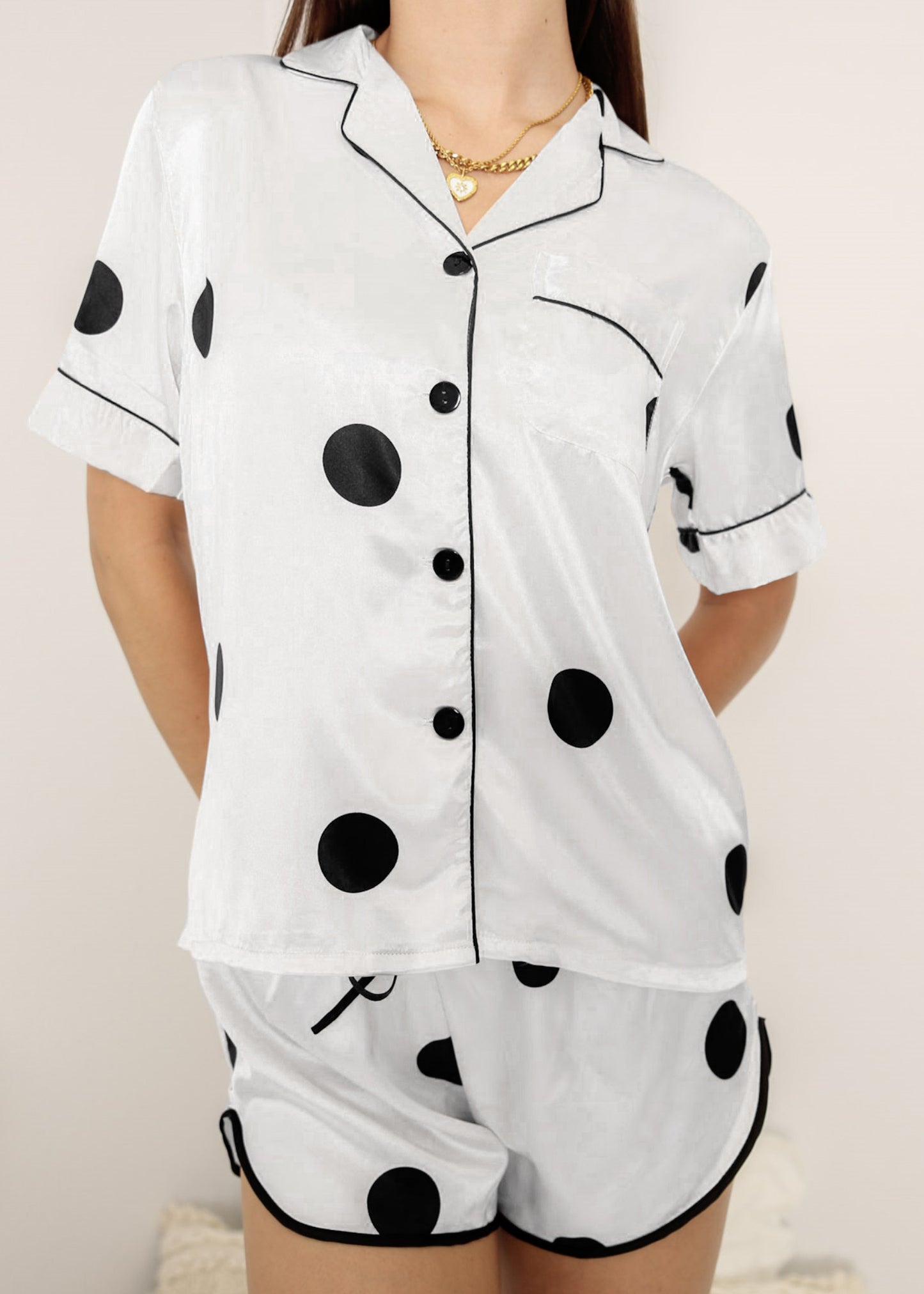 Anna-Kaci Lounge Women's Polka Dot Satin Pajama Set with Short Sleeve Button Top and Drawstring Shorts