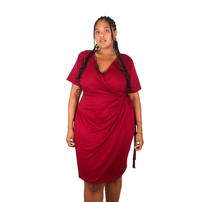 Anna-Kaci Women's Plus Size Short Sleeve V-Neck Faux Wrap Dress with Side Tie and Draped Skirt