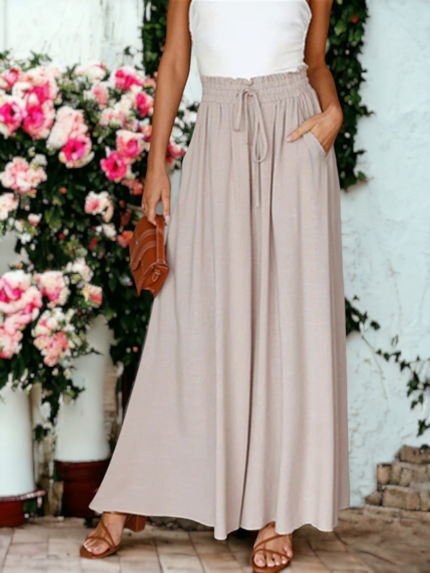 Shirred High Waist Gathered Tie Palazzo Pants