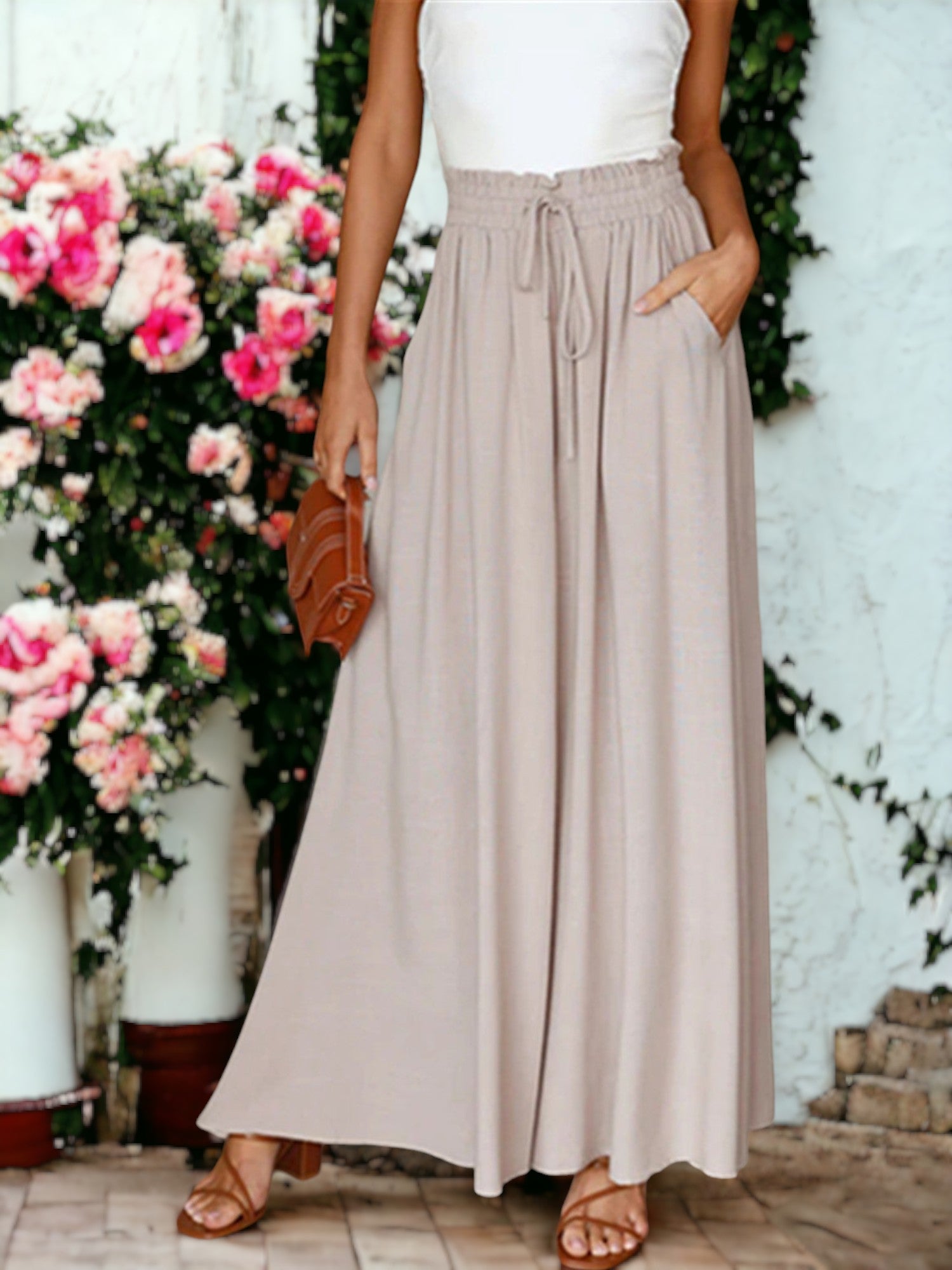 Shirred High Waist Gathered Tie Palazzo Pants