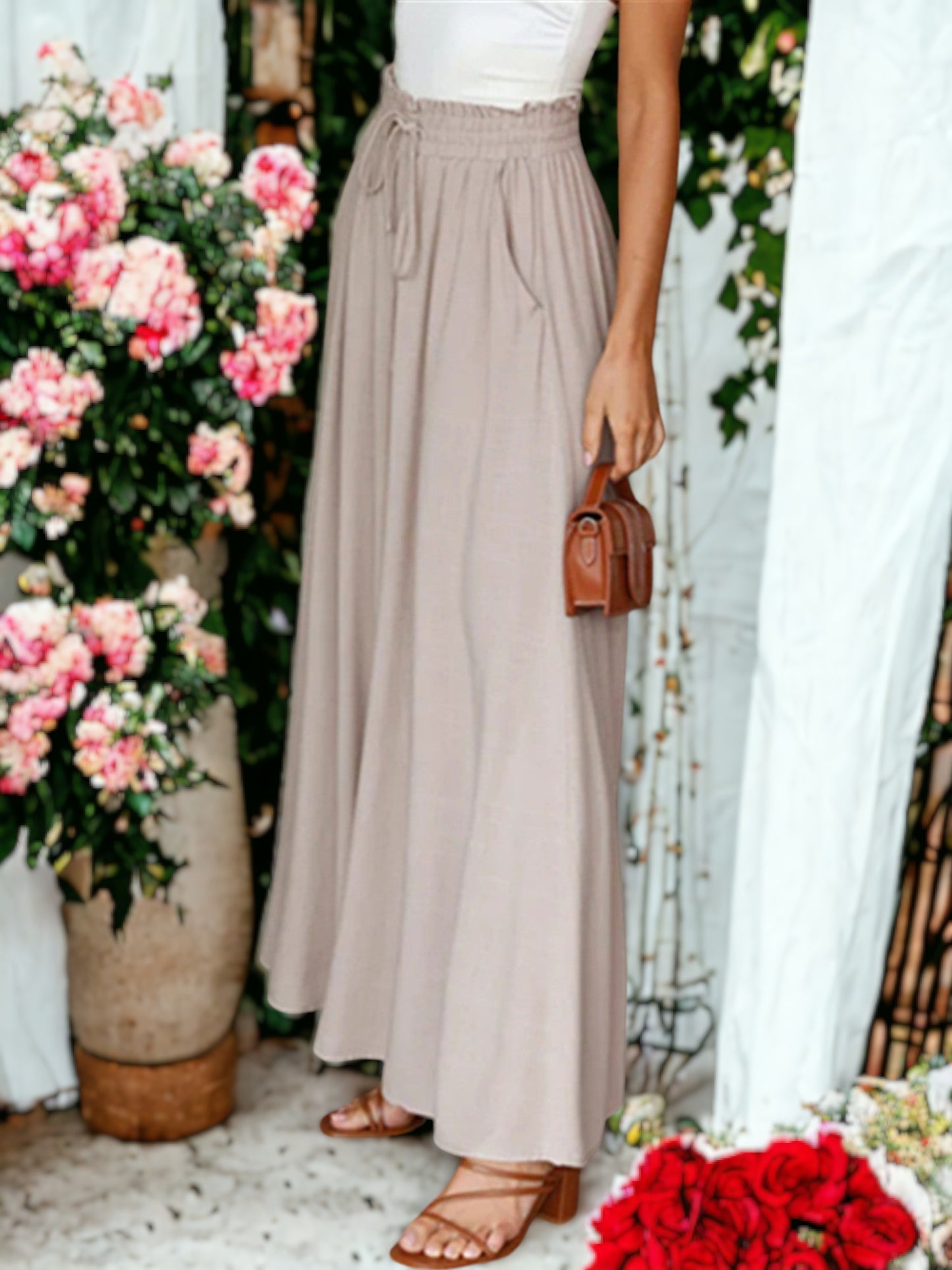Shirred High Waist Gathered Tie Palazzo Pants