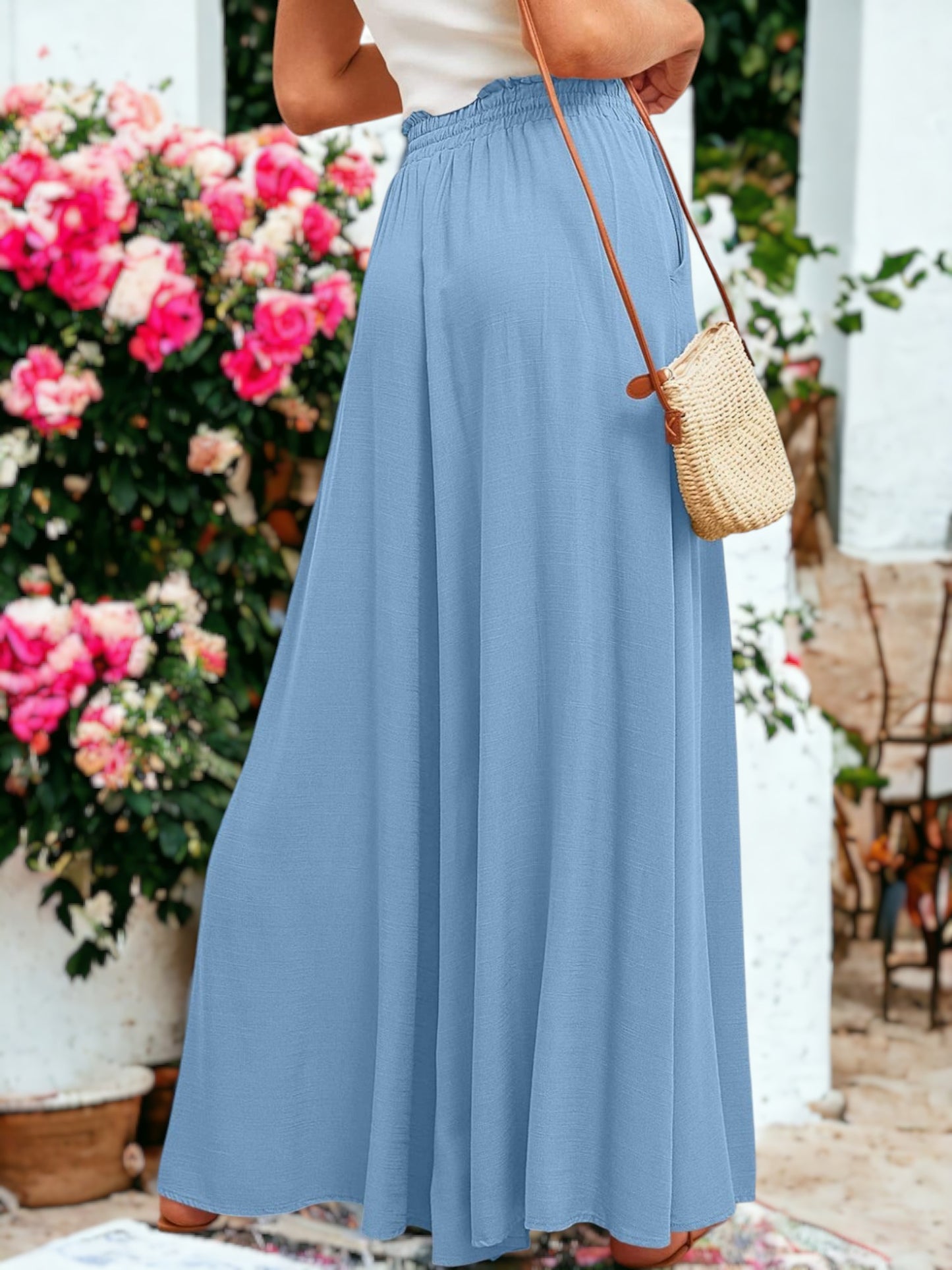 Shirred High Waist Gathered Tie Palazzo Pants