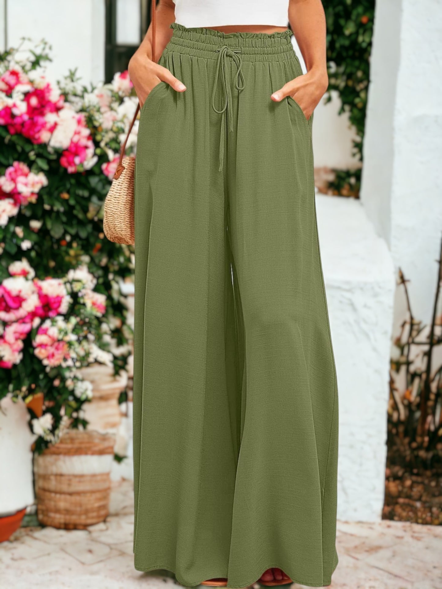 Shirred High Waist Gathered Tie Palazzo Pants