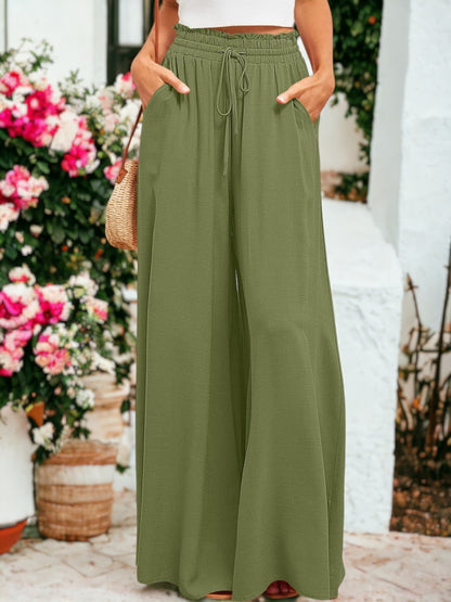 Shirred High Waist Gathered Tie Palazzo Pants