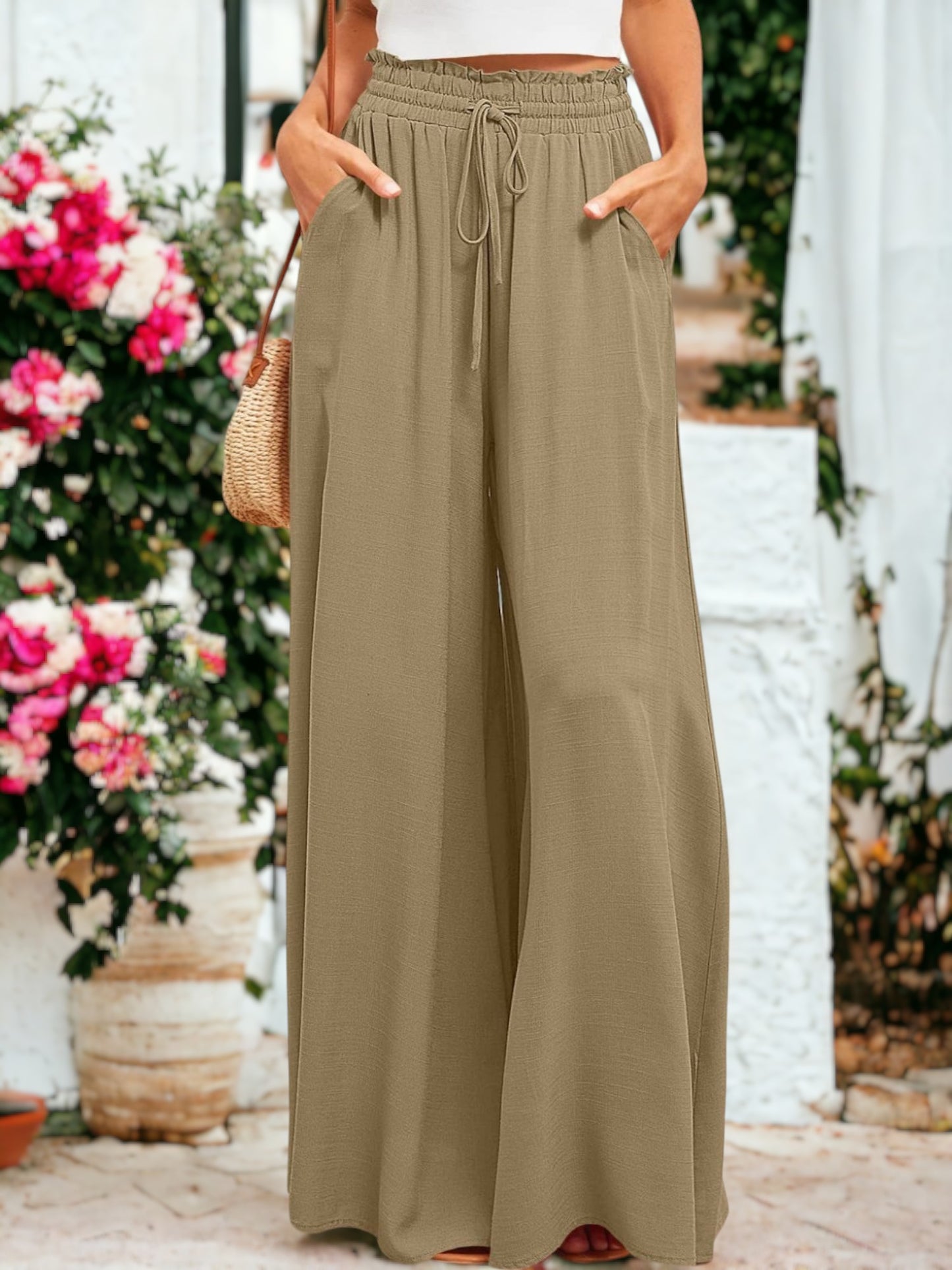 Shirred High Waist Gathered Tie Palazzo Pants