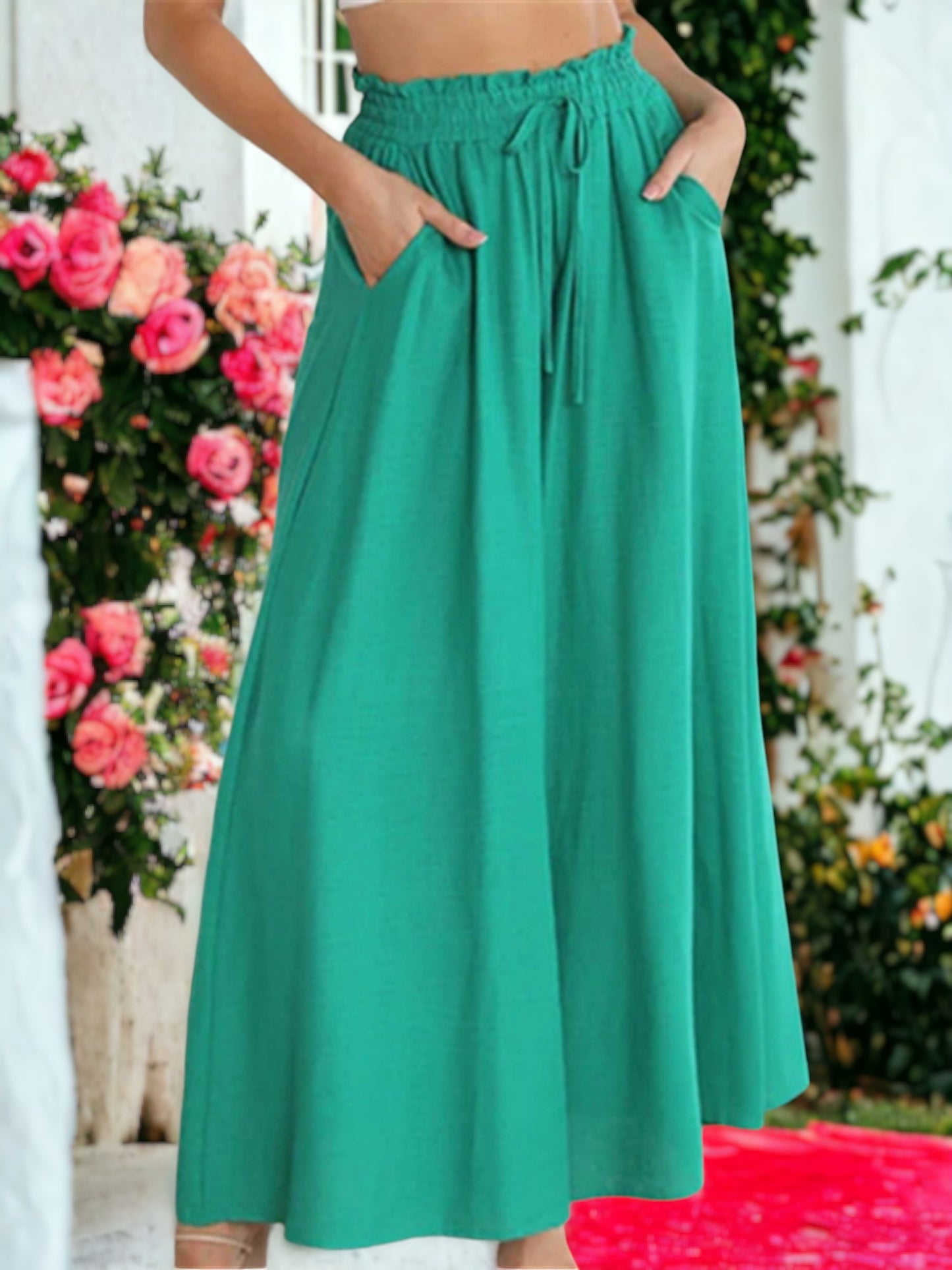 Shirred High Waist Gathered Tie Palazzo Pants