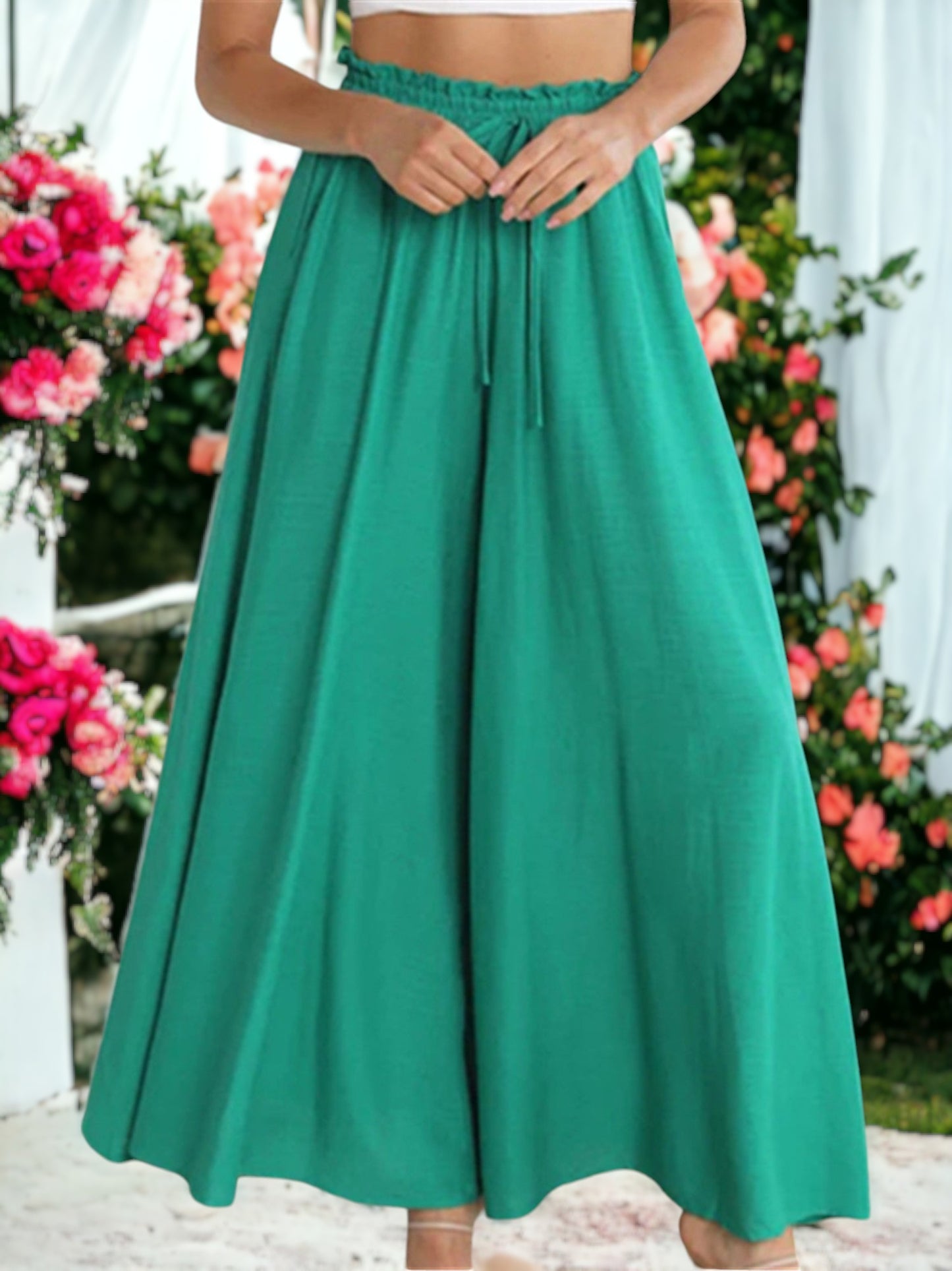 Shirred High Waist Gathered Tie Palazzo Pants