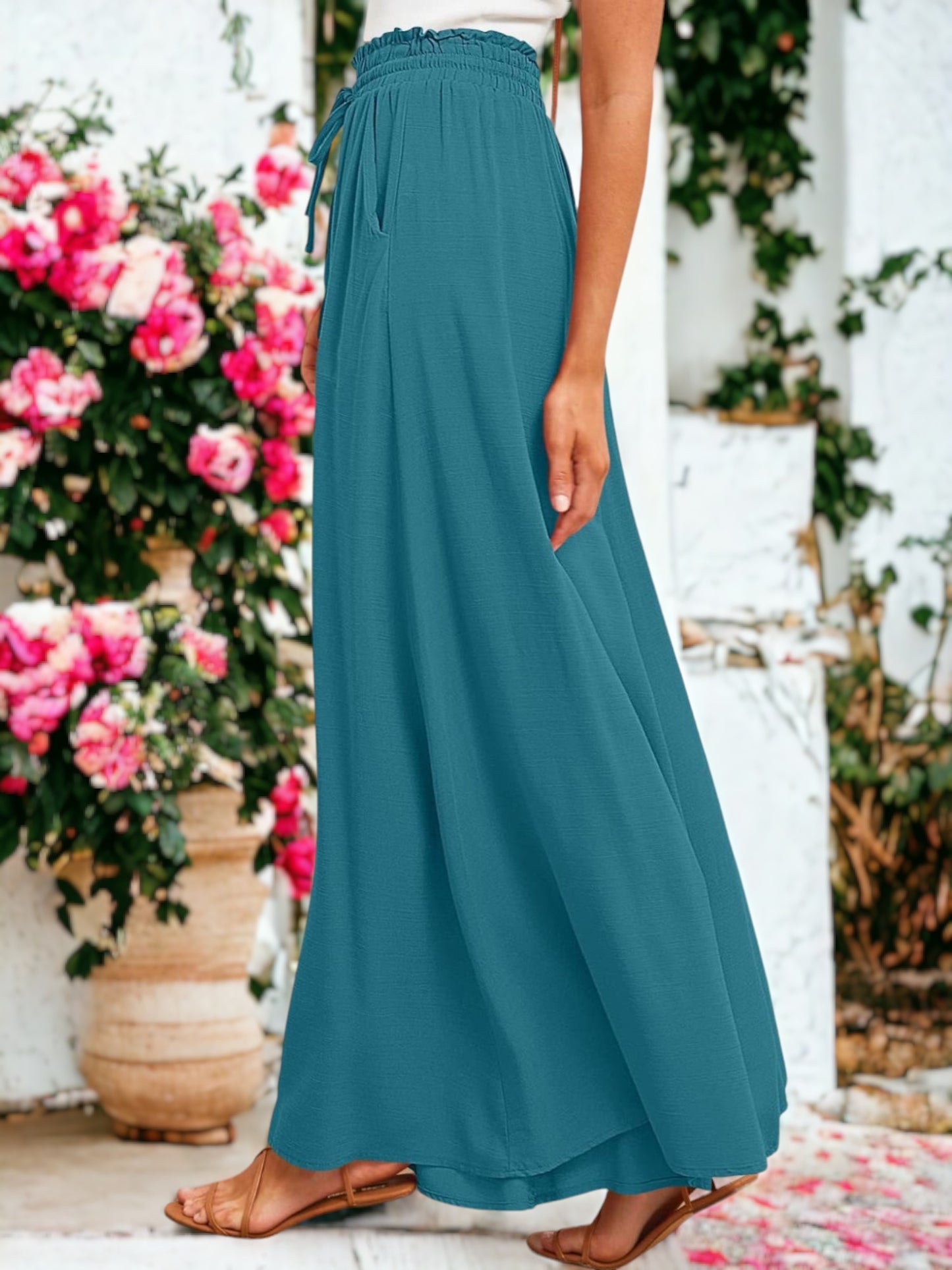 Shirred High Waist Gathered Tie Palazzo Pants