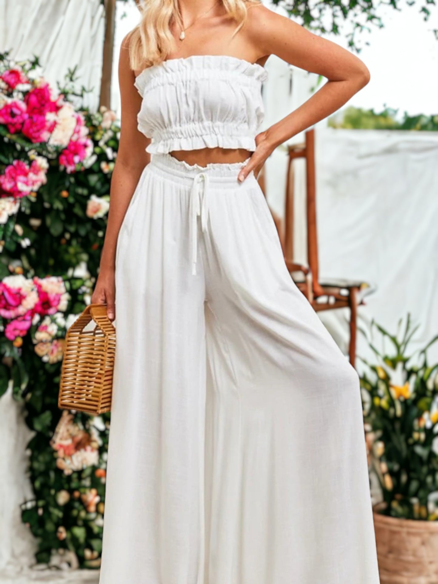 Shirred High Waist Gathered Tie Palazzo Pants