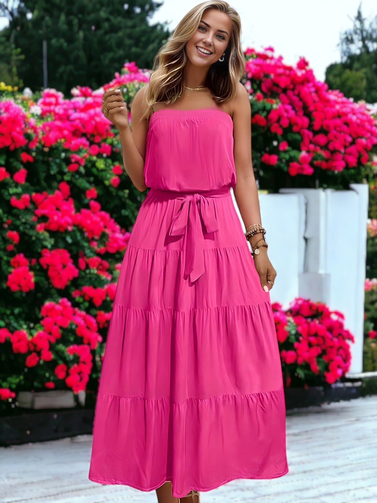 Summer Long Strapless Waist Tie Long Ruffle Dress