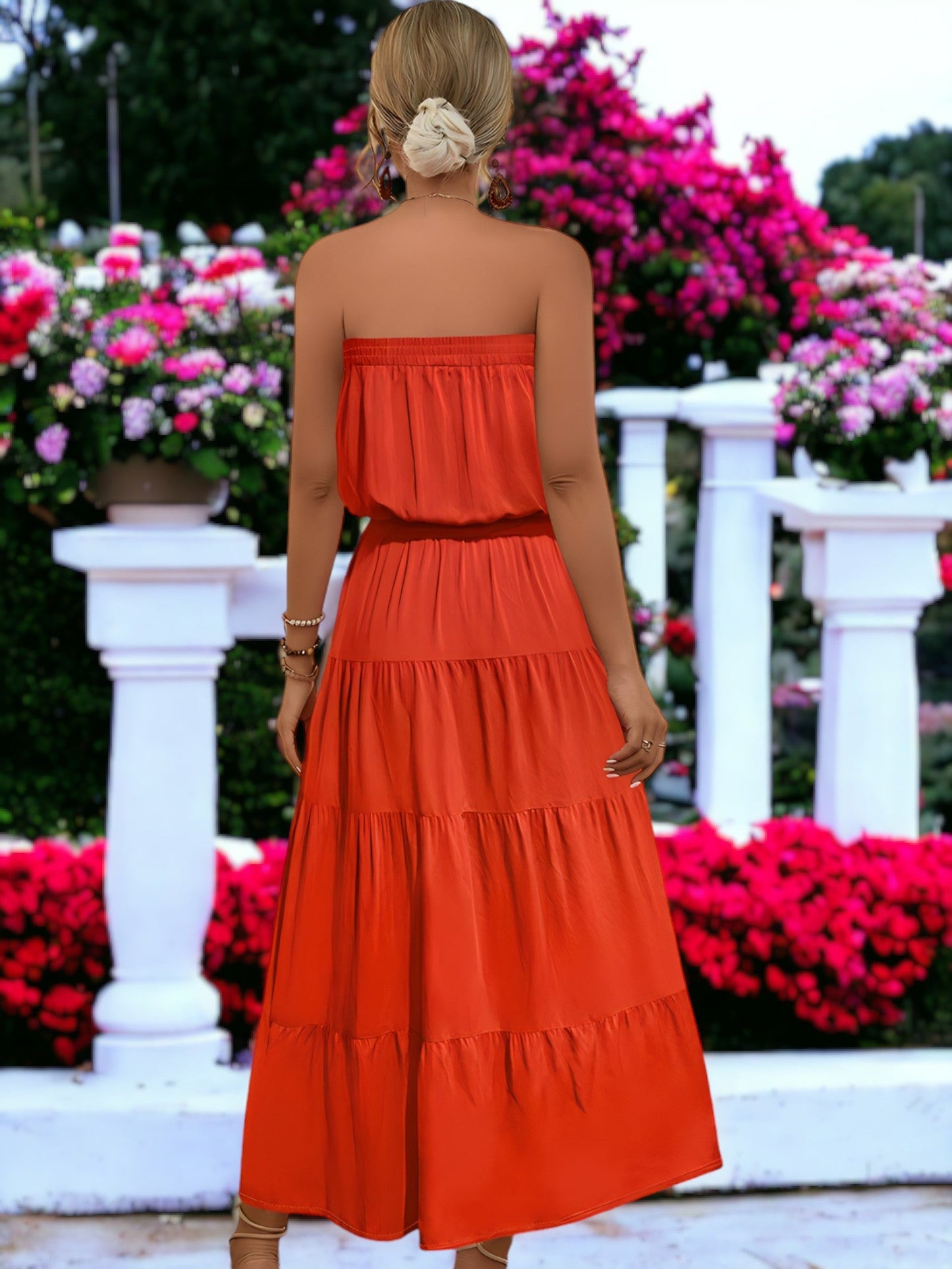 Summer Long Strapless Waist Tie Long Ruffle Dress