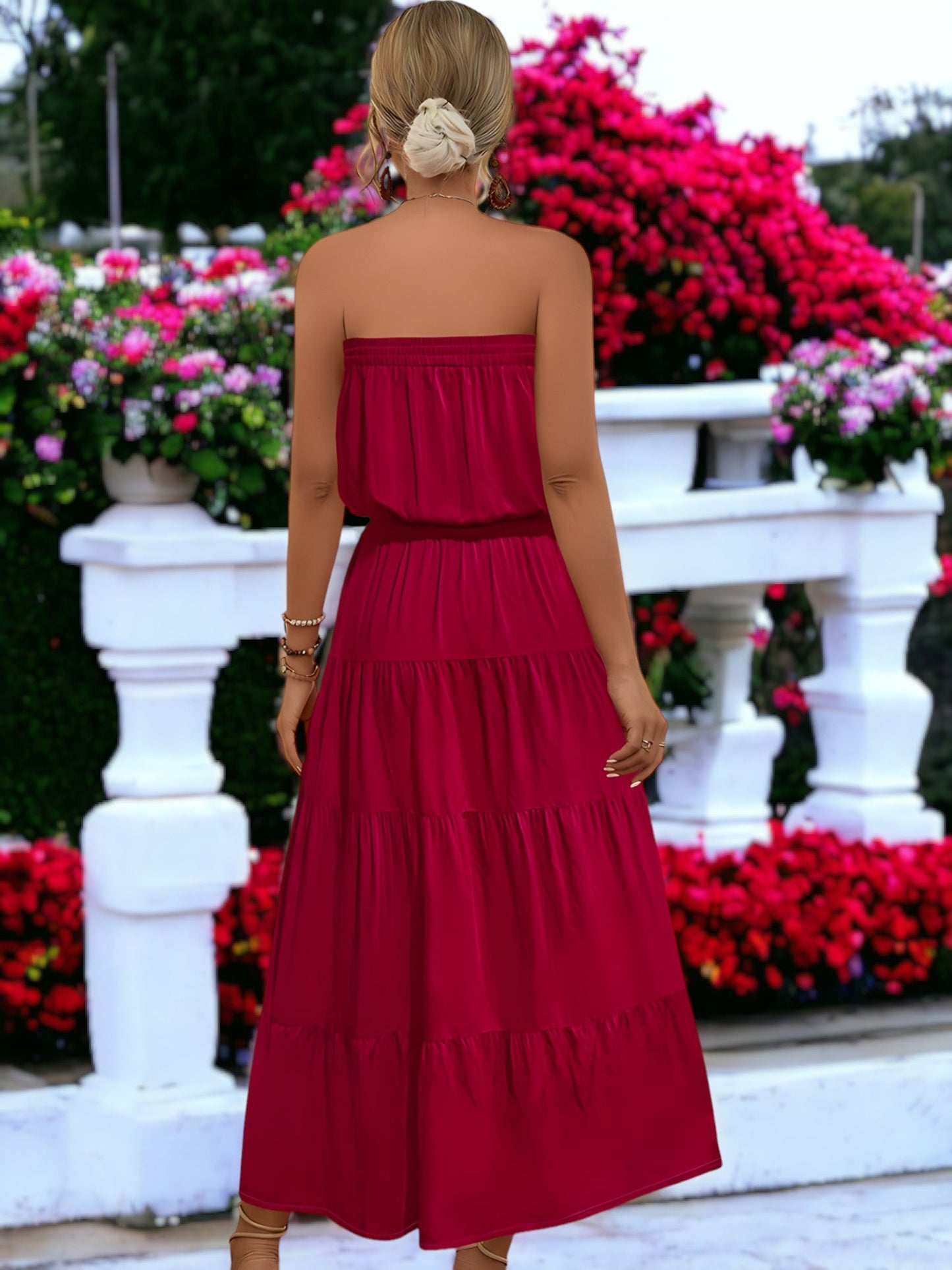 Summer Long Strapless Waist Tie Long Ruffle Dress