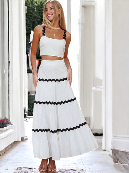 Anna-Kaci Women's Two-Piece Maxi Dress with Crop Top and Ric Rac Trim