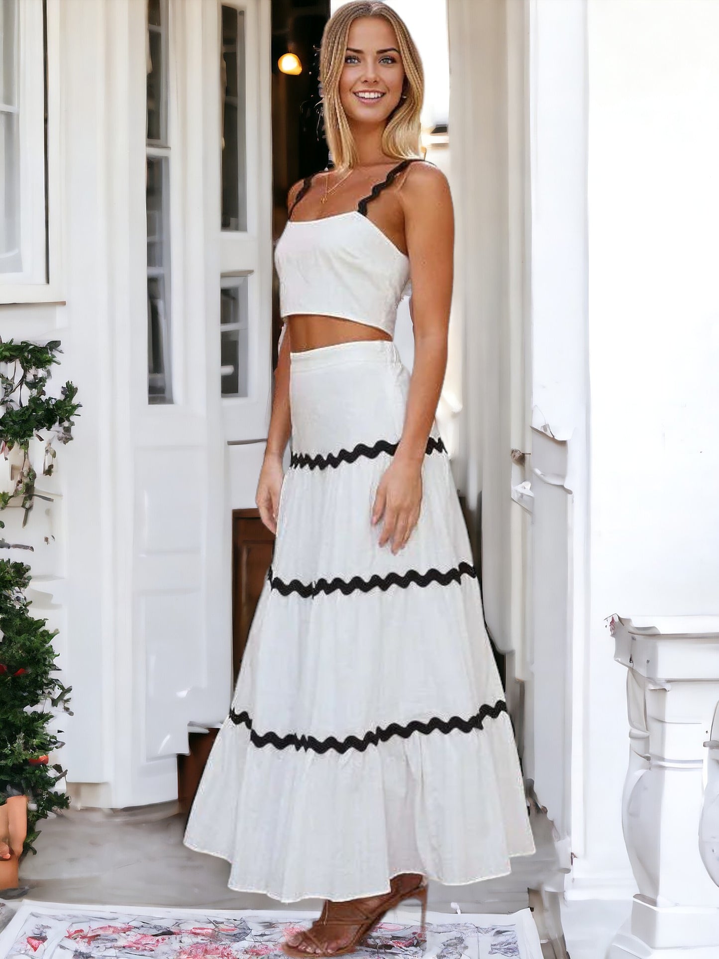 Anna-Kaci Women's Two-Piece Maxi Dress with Crop Top and Ric Rac Trim