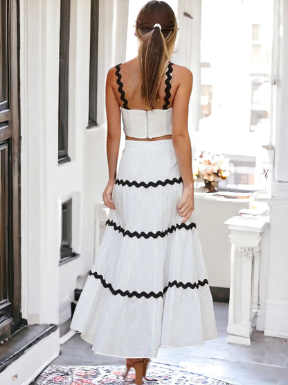 Anna-Kaci Women's Two-Piece Maxi Dress with Crop Top and Ric Rac Trim