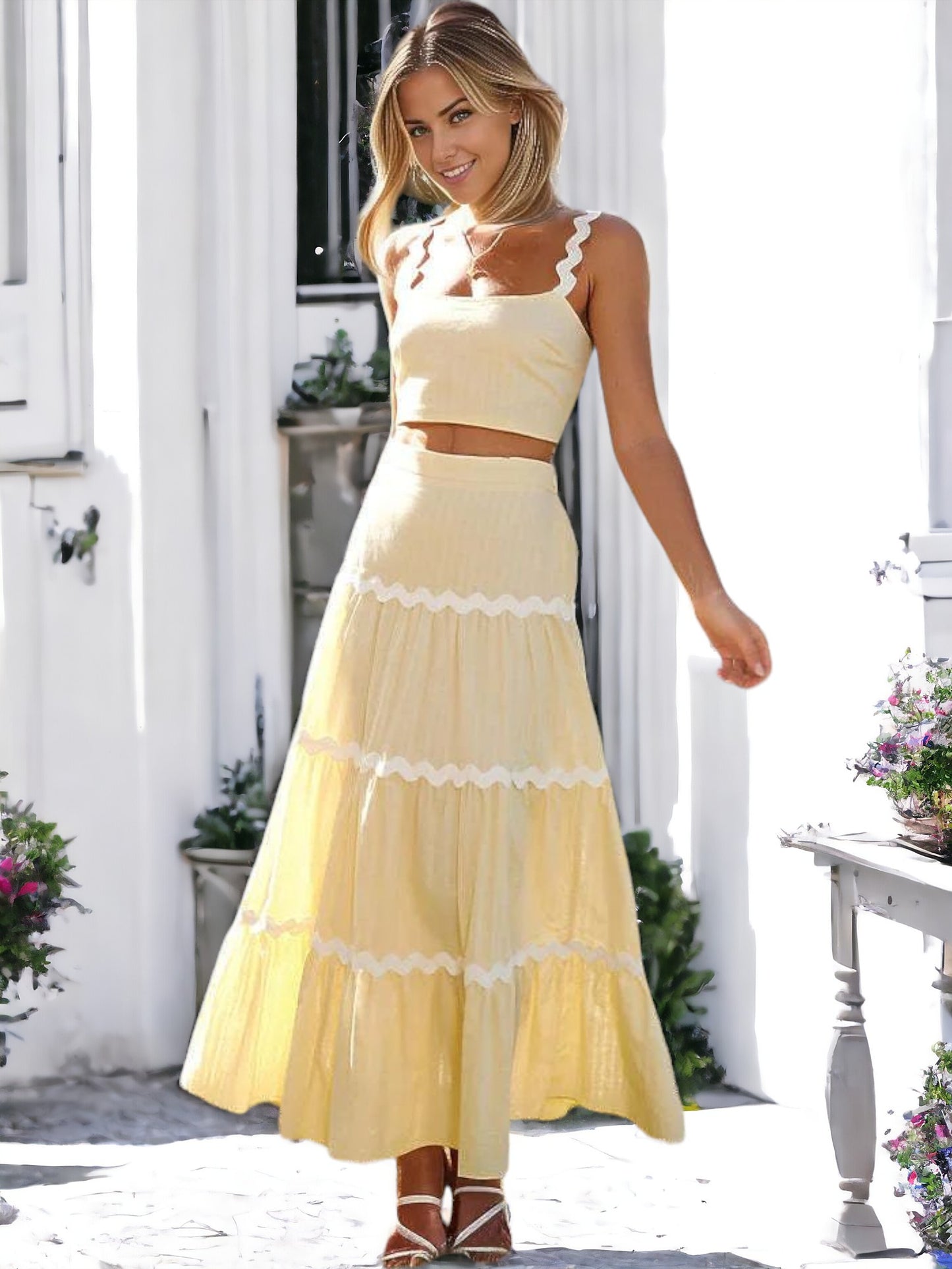 Anna-Kaci Women's Two-Piece Maxi Dress with Crop Top and Ric Rac Trim