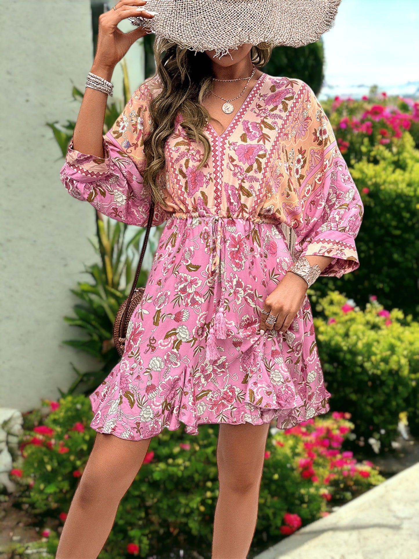 Drawstring Boho Paisley Printed V-Neck Bishop Sleeved Mini Dress