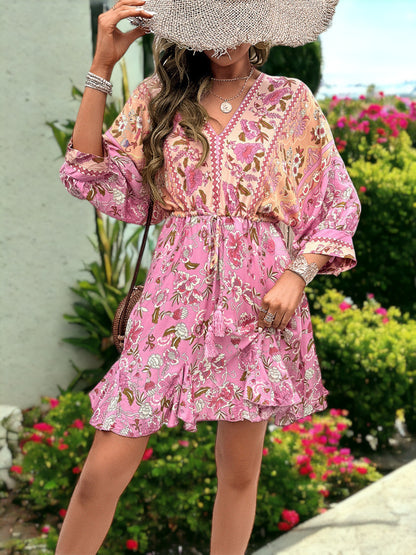 Drawstring Boho Paisley Printed V-Neck Bishop Sleeved Mini Dress
