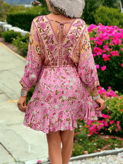 Drawstring Boho Paisley Printed V-Neck Bishop Sleeved Mini Dress