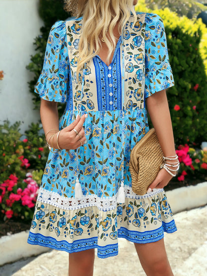 Vestido túnica bohemio con cuello en V y estampado floral informal