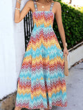 Boho Rainbow Colored Square Neck Sleeveless Maxi Dress