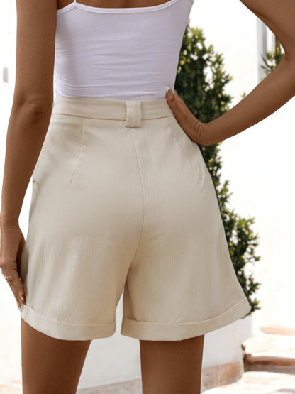 Pantalones cortos plisados ​​informales de cintura alta para mujer
