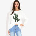Anna-Kaci Women's Long Sleeve Knit Sweater with Cactus Embroidery and Crew Neck