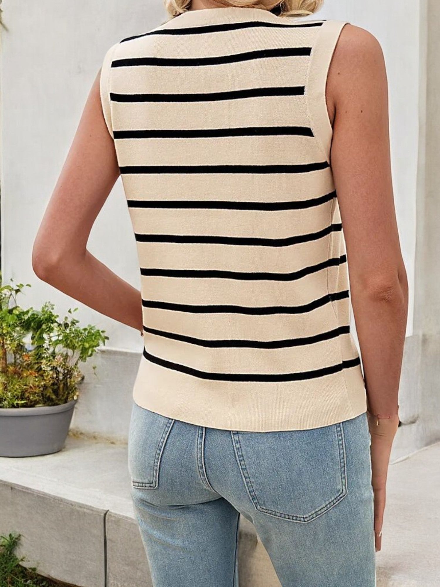 Anna-Kaci Women's Striped Button-Down Sleeveless Sweater Vest with V-Neckline