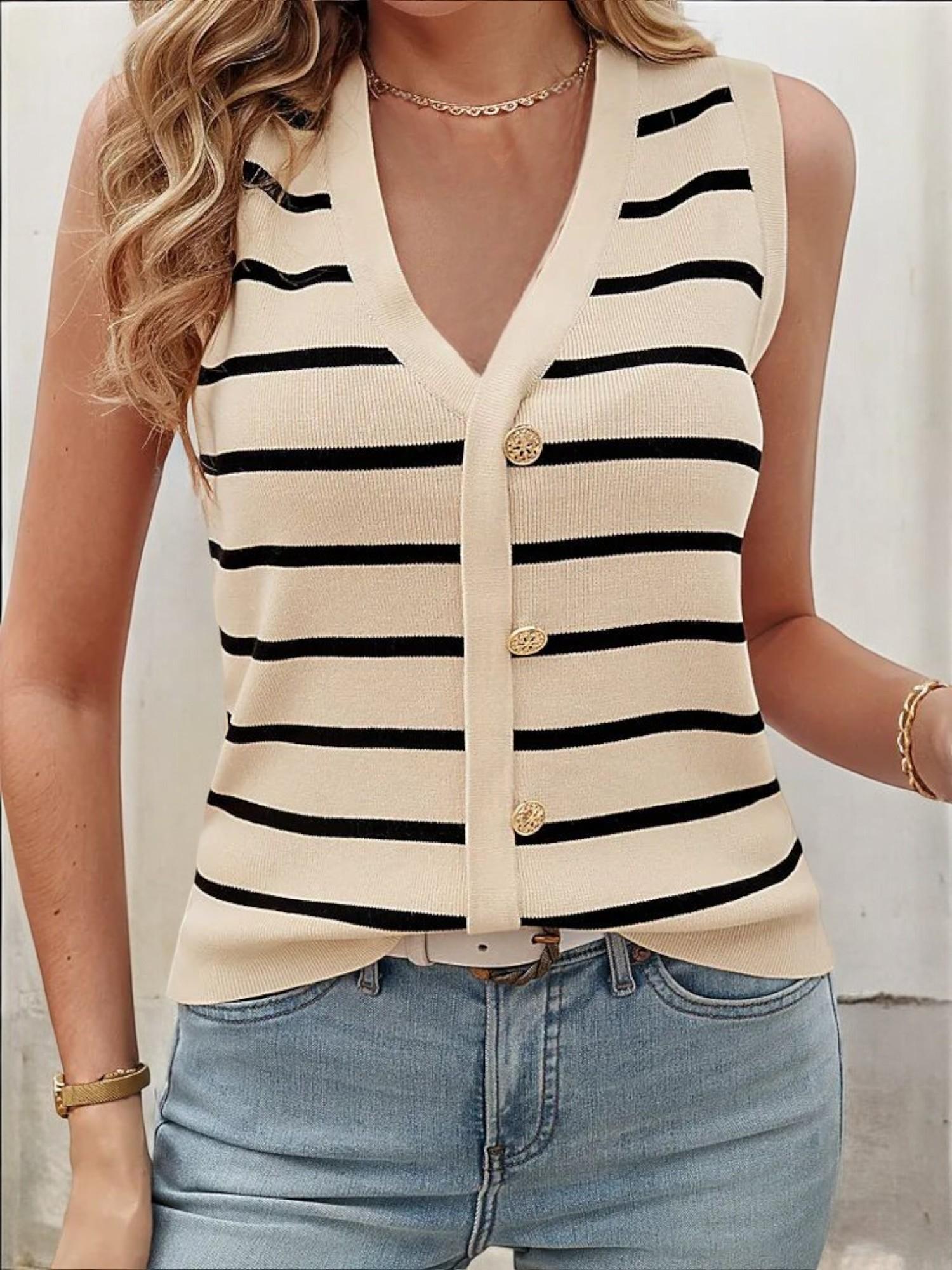 Anna-Kaci Women's Striped Button-Down Sleeveless Sweater Vest with V-Neckline