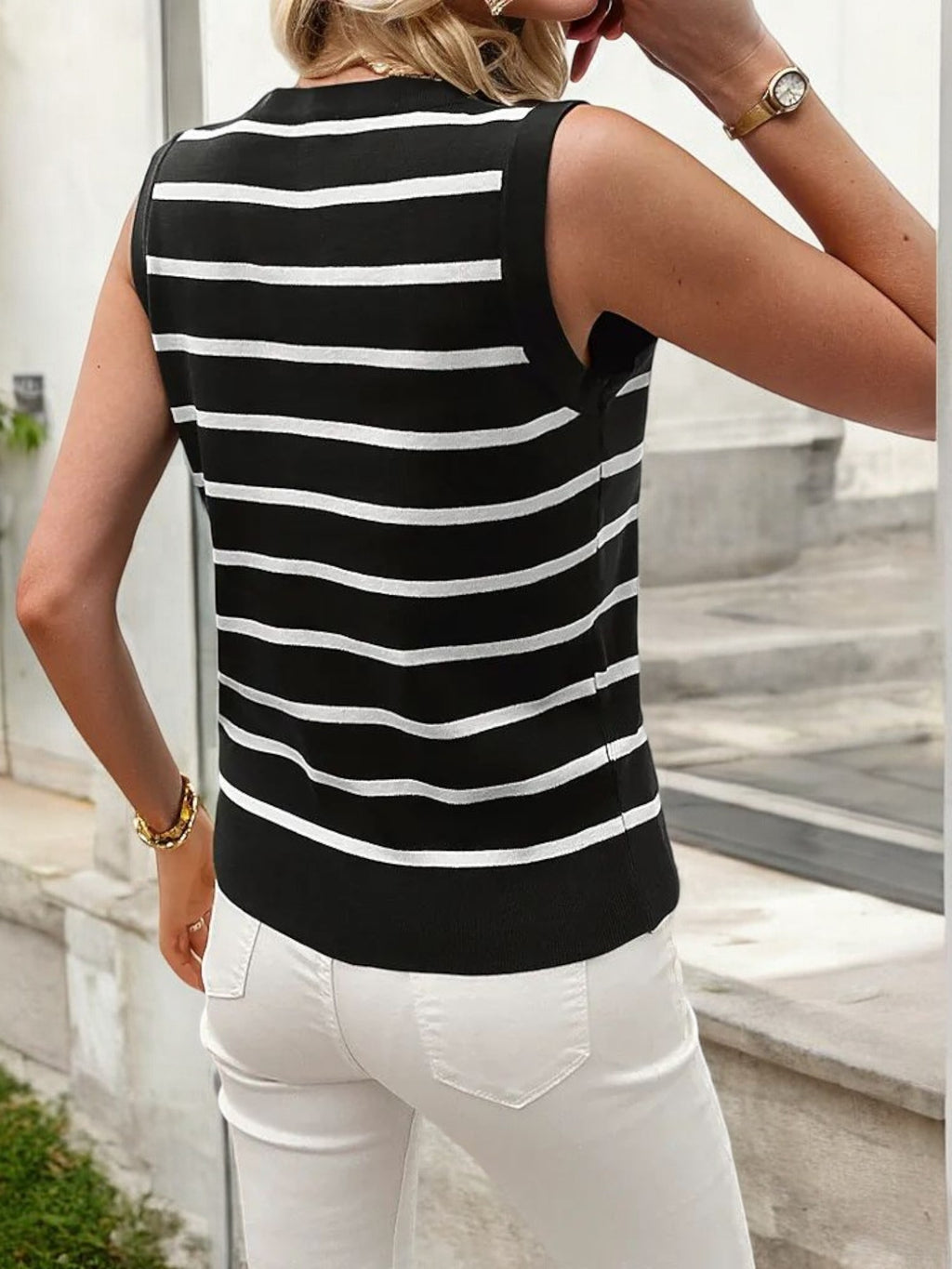 Anna-Kaci Women's Striped Button-Down Sleeveless Sweater Vest with V-Neckline