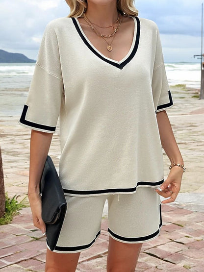 Anna-Kaci Women's V-Neck Short Sleeve Top and Drawstring Shorts Loungewear Set with Contrast Trim