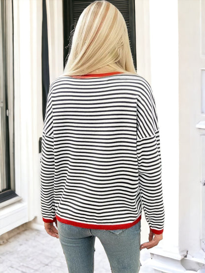 Anna-Kaci Women's Striped Long Sleeve Pullover with Ribbed Cuffs and Relaxed Fit