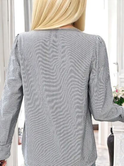Anna-Kaci Women's Striped Button-Down Blouse with Lace Trim and Ruffle Detail