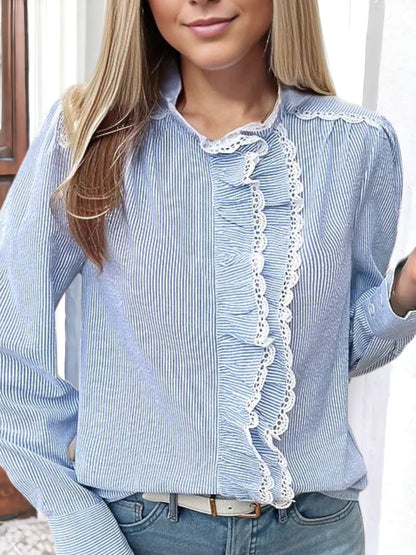 Anna-Kaci Women's Striped Button-Down Blouse with Lace Trim and Ruffle Detail