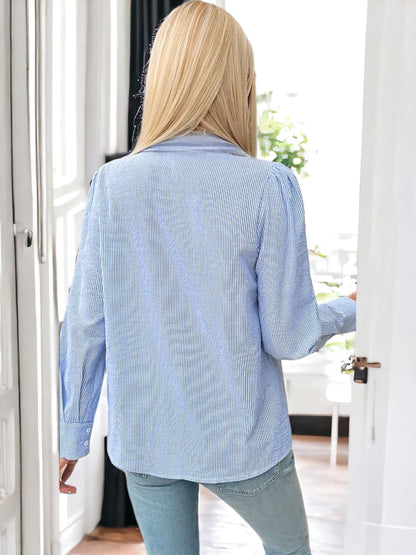 Anna-Kaci Women's Striped Button-Down Blouse with Lace Trim and Ruffle Detail