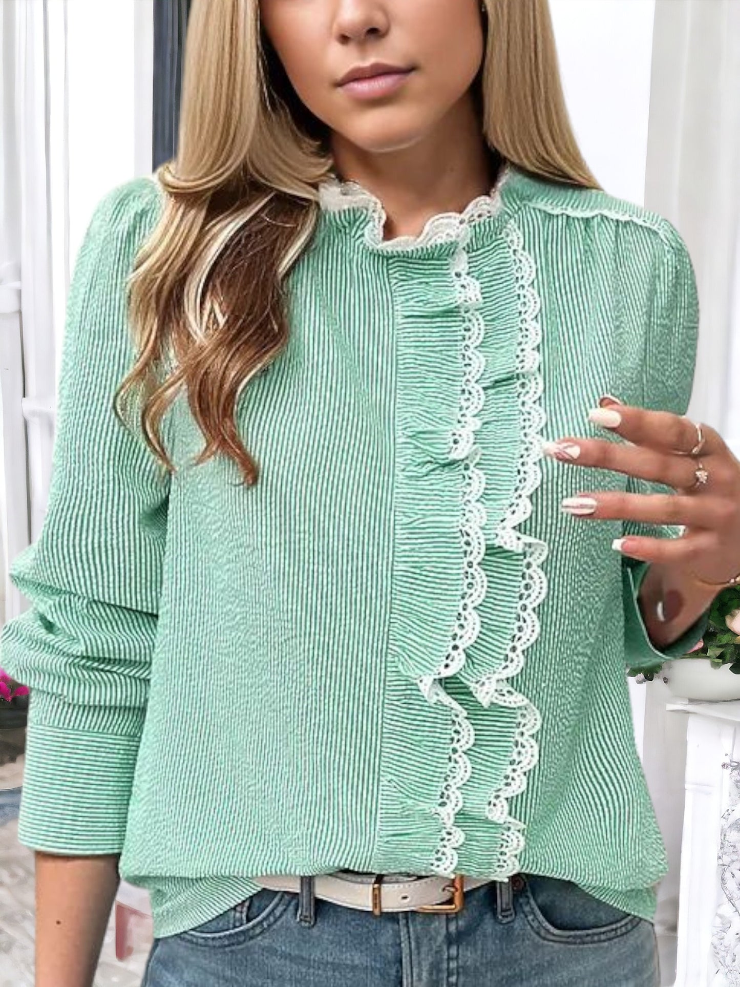 Anna-Kaci Women's Striped Button-Down Blouse with Lace Trim and Ruffle Detail