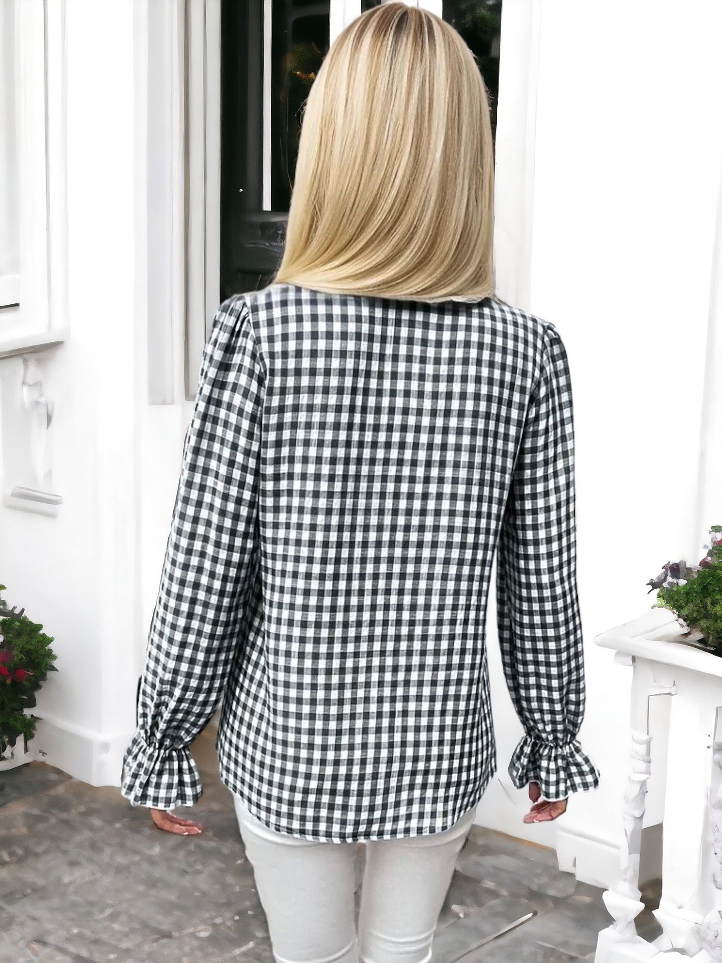Anna-Kaci Women's Black and White Gingham Blouse with Ruffle Trim and Flared Cuffs