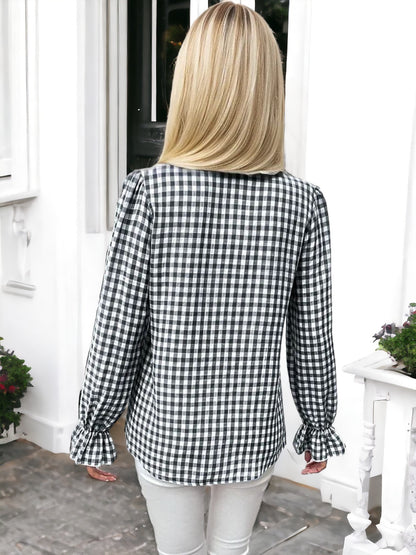 Anna-Kaci Women's Black and White Gingham Blouse with Ruffle Trim and Flared Cuffs
