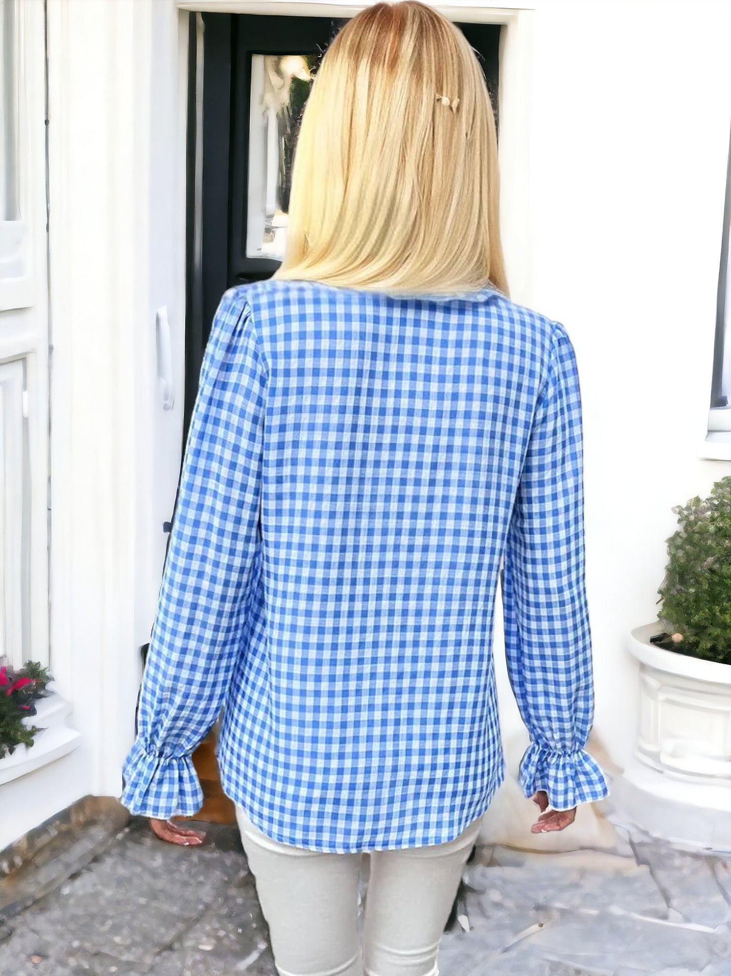 Anna-Kaci Women's Black and White Gingham Blouse with Ruffle Trim and Flared Cuffs