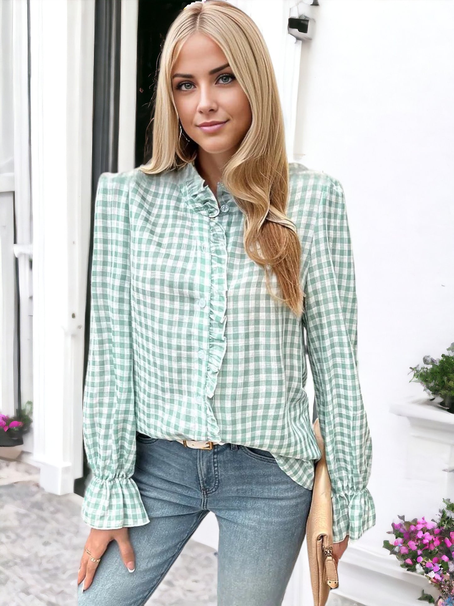 Anna-Kaci Women's Black and White Gingham Blouse with Ruffle Trim and Flared Cuffs