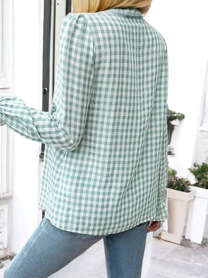 Anna-Kaci Women's Black and White Gingham Blouse with Ruffle Trim and Flared Cuffs